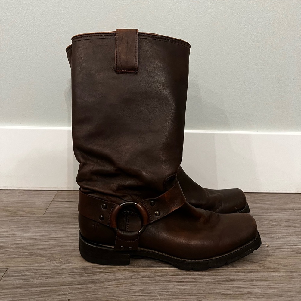Gently used Frye Heath Harness maple calf boots